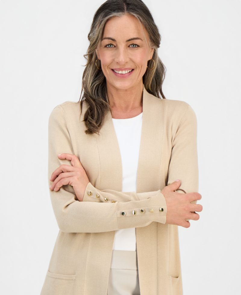 Petite Open-Front Button-Cuff Cardigan Sweater
