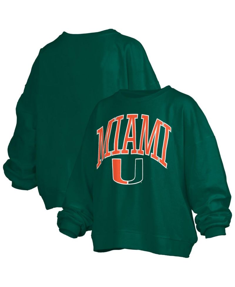 Women's Green Miami Hurricanes Janise Arch Over Logo Waist Length Oversized Pullover Sweatshirt