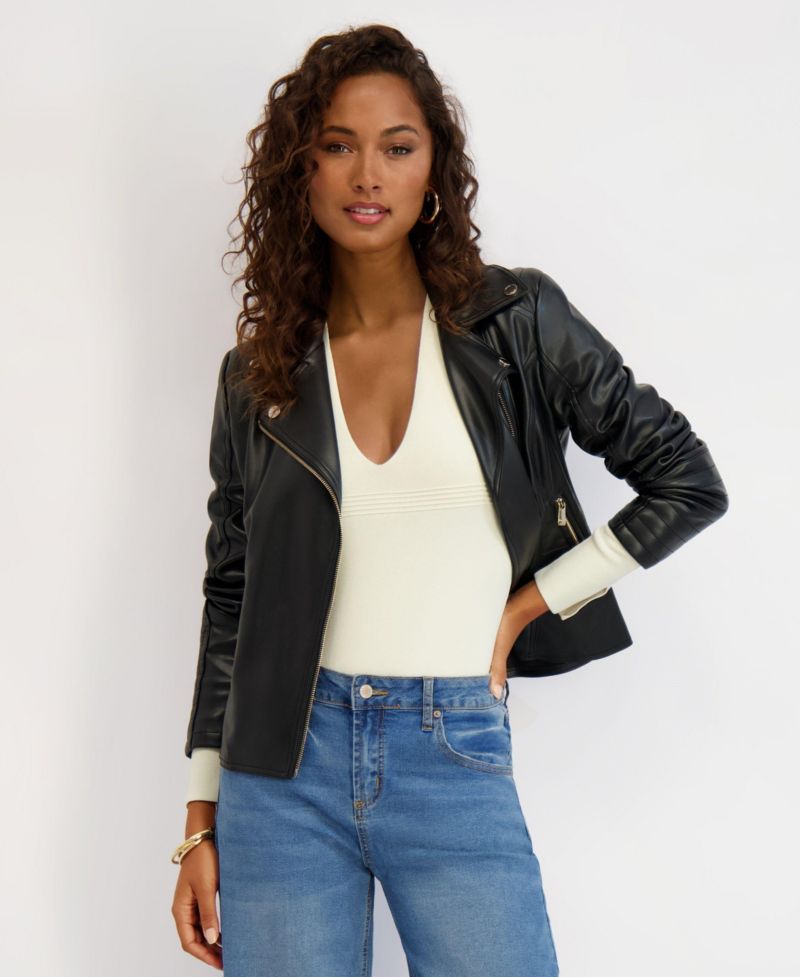 Women's Faux Leather Moto Jacket With Peplum and Quilted Details