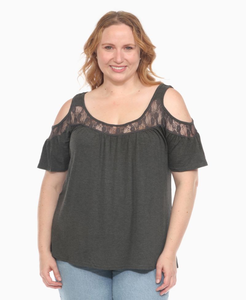 Plus Size Cold Shoulder Lace Trim Knit Top