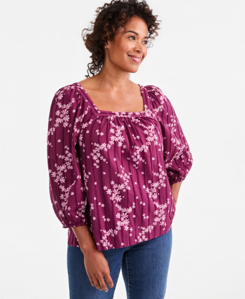 Plus Printed Square-Neck Cotton Top