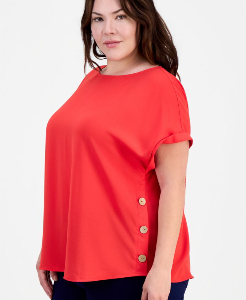Plus Size Button-Trim Short-Sleeve Top