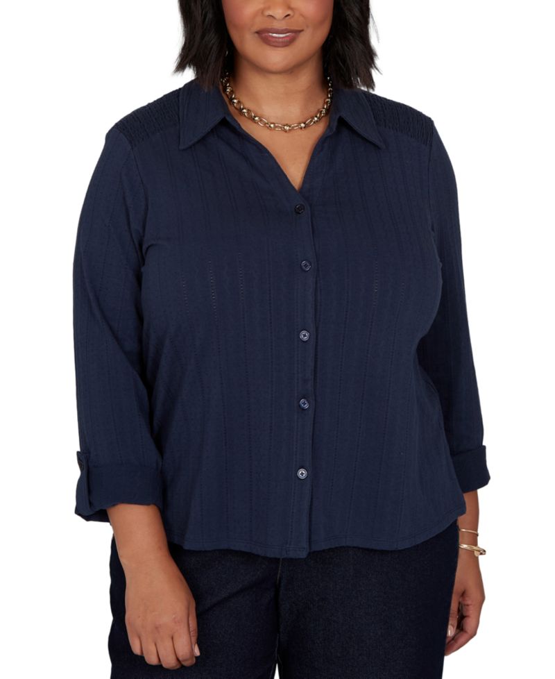 Plus Size Striped Roll-Tab Button-Front Blouse