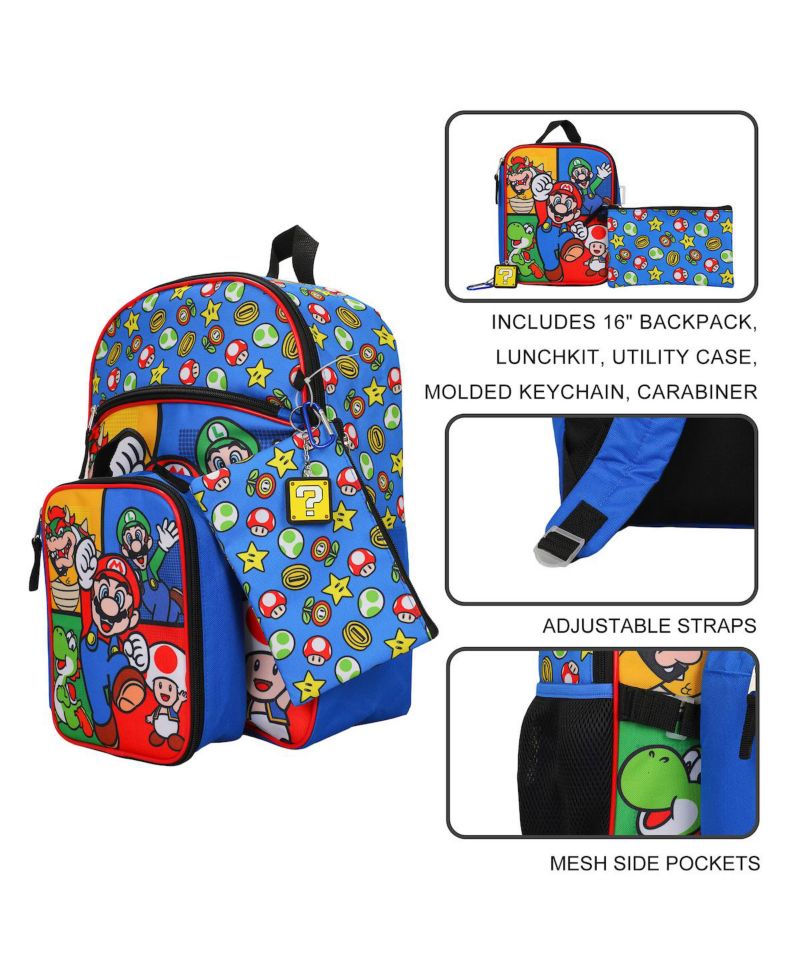 Bros Characters and Power Ups 16 Inch Youth 5 Piece Backpack Set