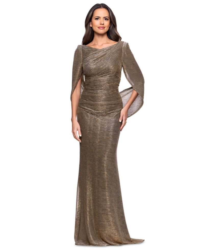Petite Mother of Bride Metallic-Crinkle Long-Sleeve Gown