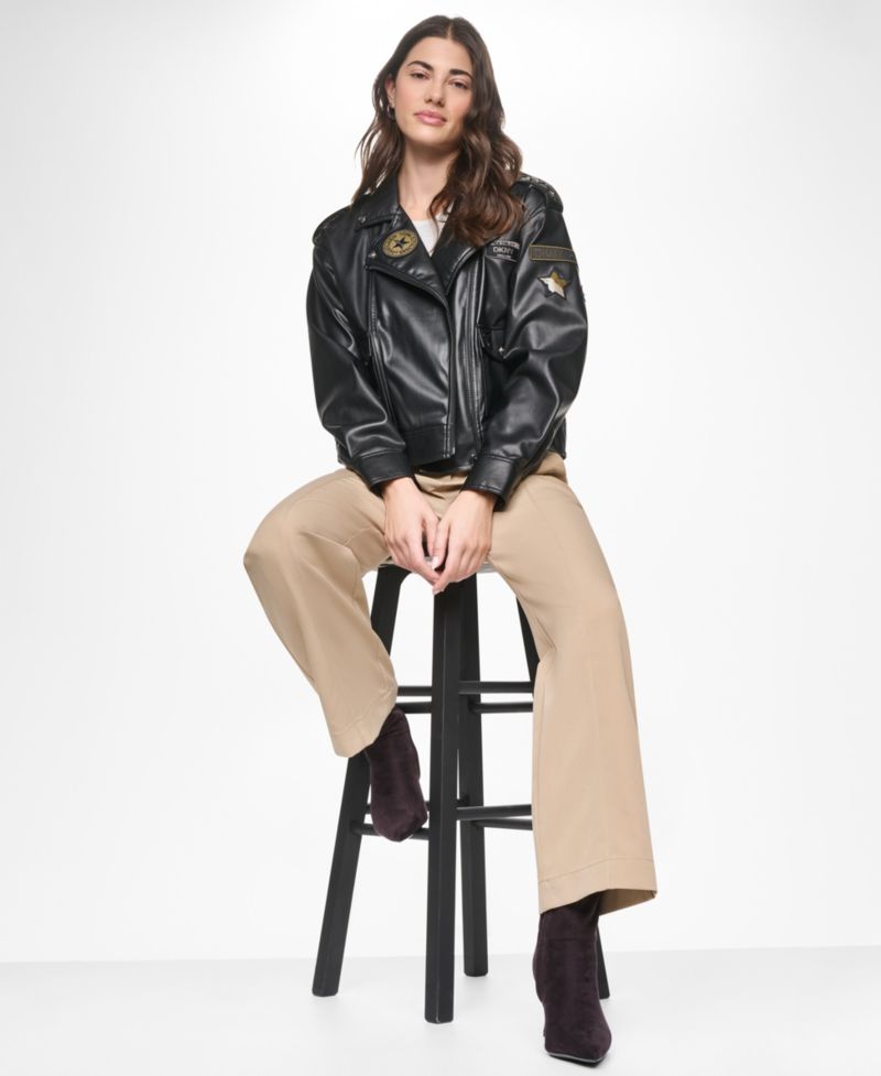 Women's Faux Leather Collared Zip-Front Jacket