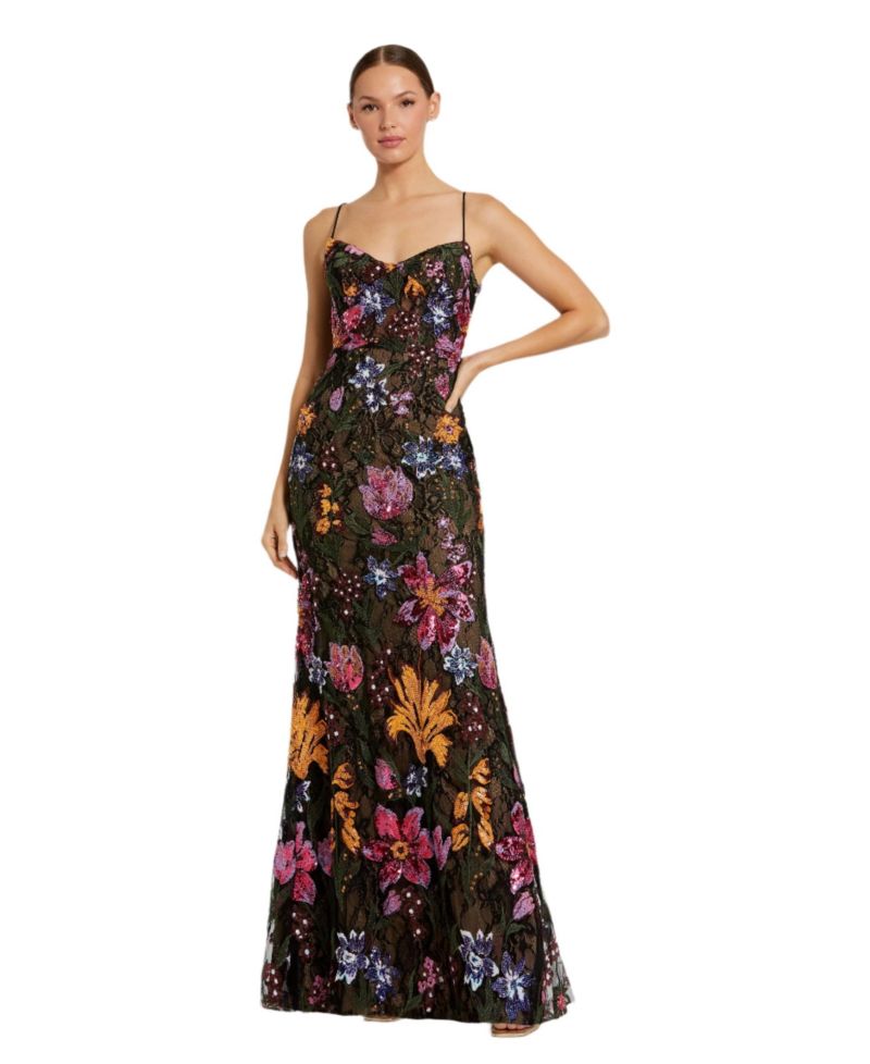 Women's Spaghetti Strap Floral Embroidered Gown