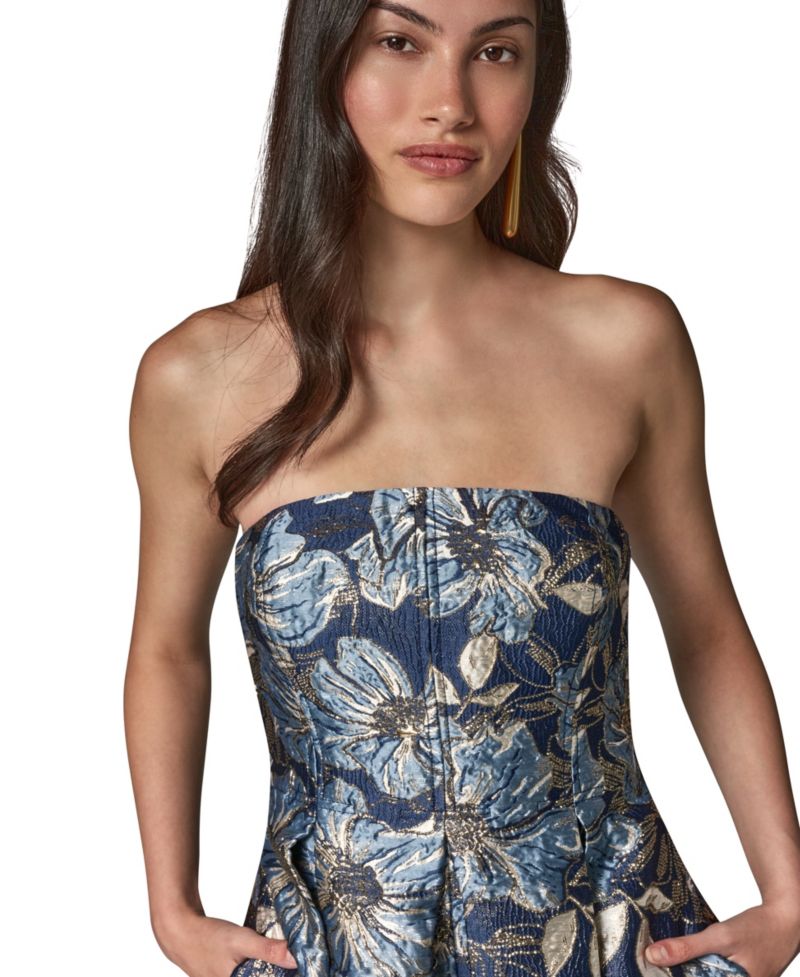 Petite Floral-Print Metallic Fit & Flare Dress