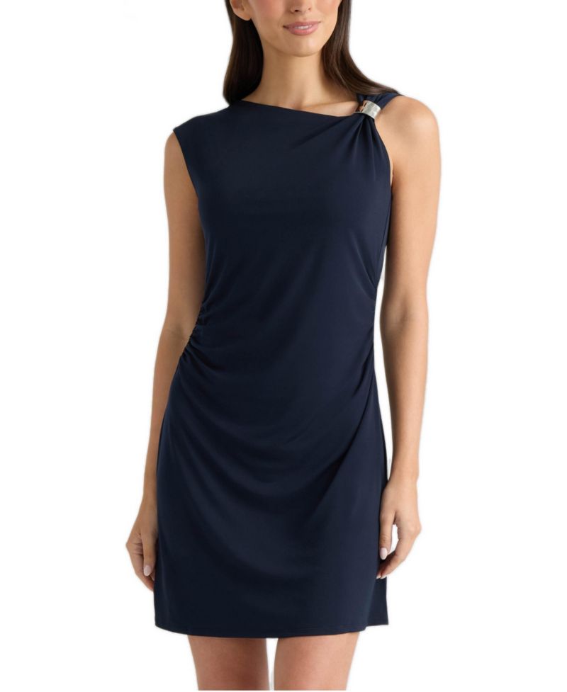 Women's Asymmetrical Neckline with Metallic Trim Sleeveless Mini Dress