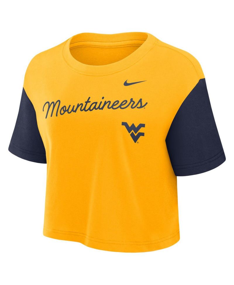 Women's Gold/Navy West Virginia Mountaineers Color Block Script Performance Cropped T-Shirt