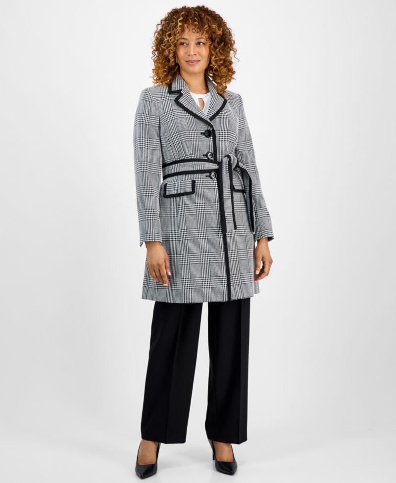 Women's Framed Plaid Belted Wide-Leg 2 Piece Pantsuit, Regular & Petite