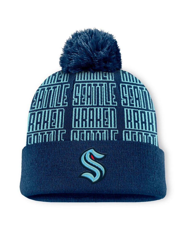 Men's Navy/Light Blue Seattle Kraken Fundamental Empty Net Cuffed Knit Hat with Pom