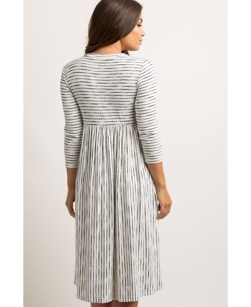 Women's Ivory Ribbed Striped Midi Dress
