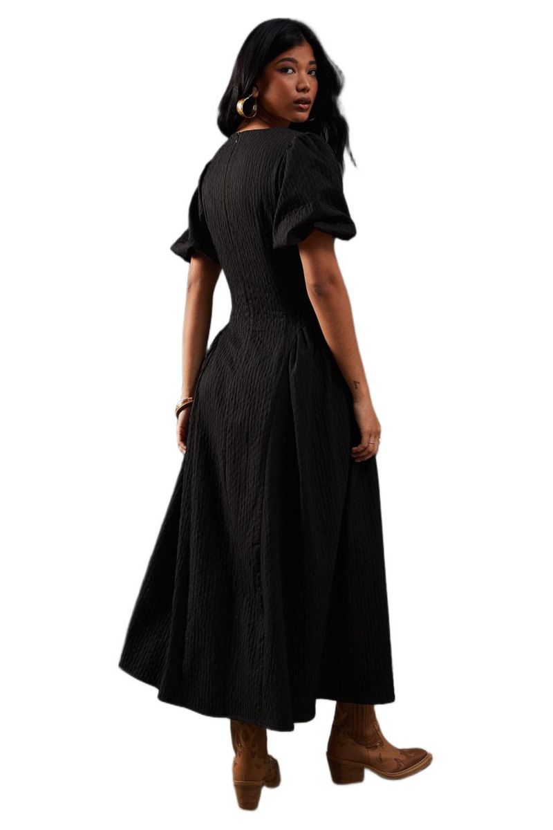 Women's Seersucker Puff Sleeve Midi Dress