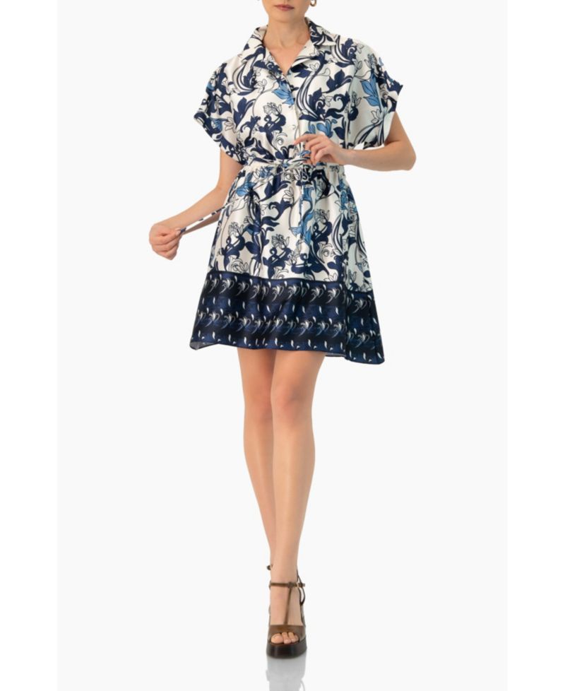 Women's Short Printed Dress with Dropped Sleeves