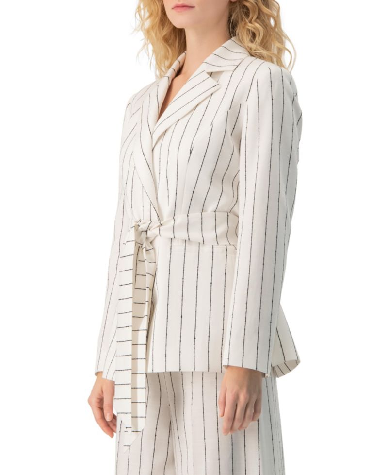 Women's Pinstripe Self-Tie Belted Wrap Tailored Blazer