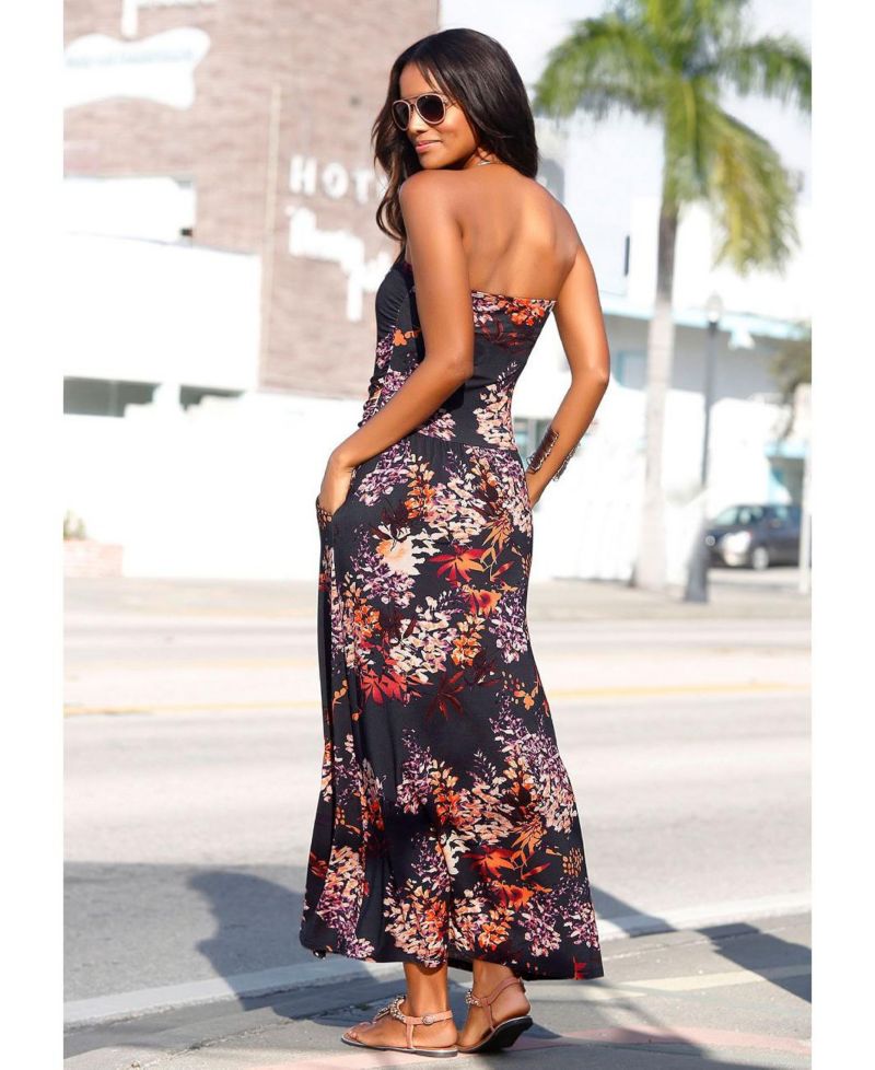 Women's Viscose Printed with Pockets Style Bandeau Maxi Dress
