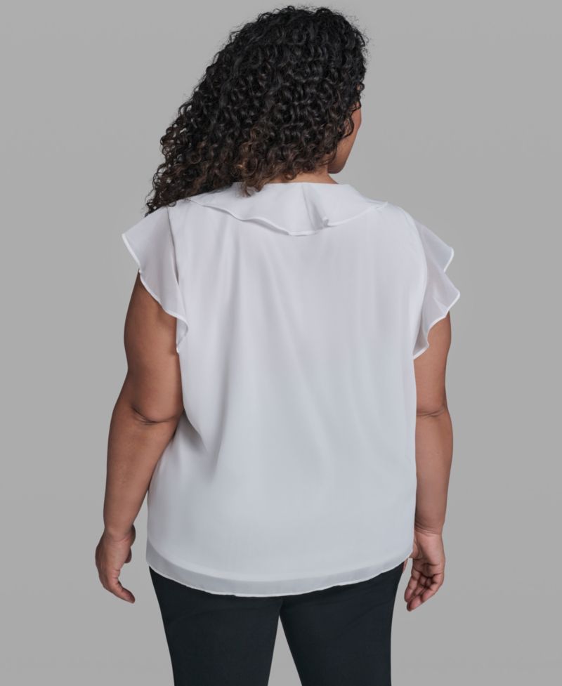 Plus Size Rosette V-Neck Ruffle Blouse Top