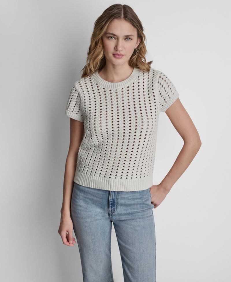 Women's Short-Sleeve Airy Chunky Pointelle Crewneck Sweater