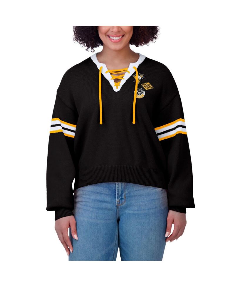 Women's Black Pittsburgh Penguins Cropped Lace-Up Sweater