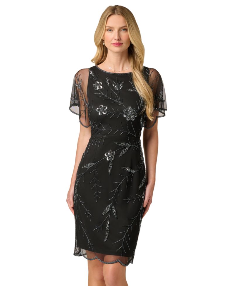 Women's Sheer-Flutter-Sleeve Floral-Print Beaded Dress