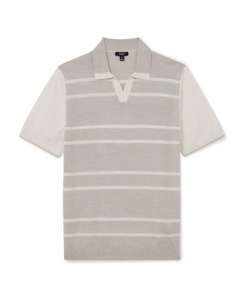 Men's Miles Open Collar Striped Merino Wool Polo Shirt