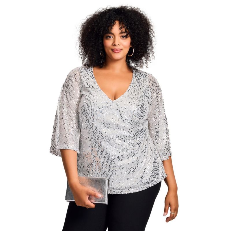 Women's Plus Size Faux Wrap Sequin Top