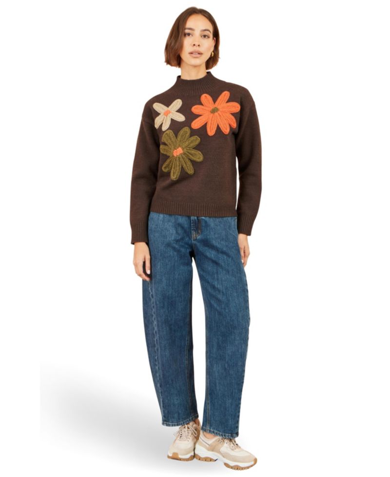 Women's Applique Flowers High Neck Jumper