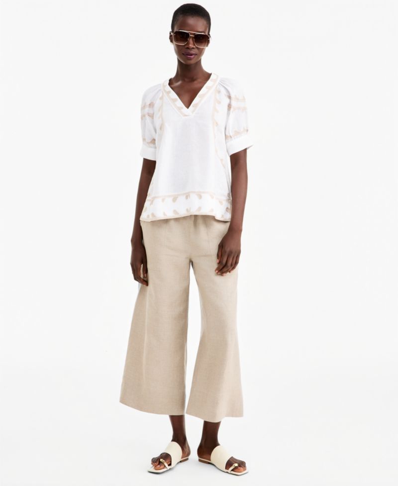 Women's Linen Puff-Sleeve Embroidered Blouse