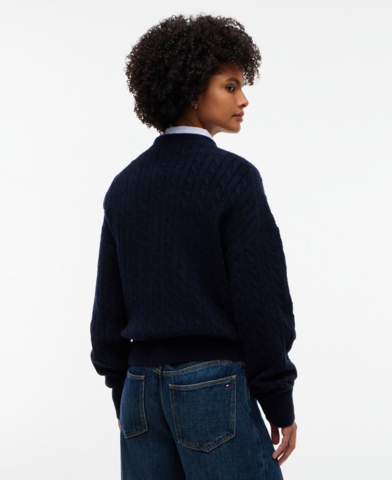 Women's Cable-Knit Crewneck Embroidered Crest Sweater