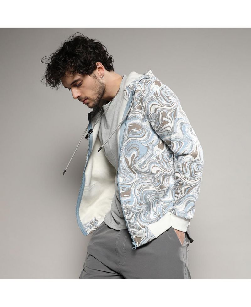 Men's Icy Blue & Olive Green Contrast Fluid Zip Front Hoodie
