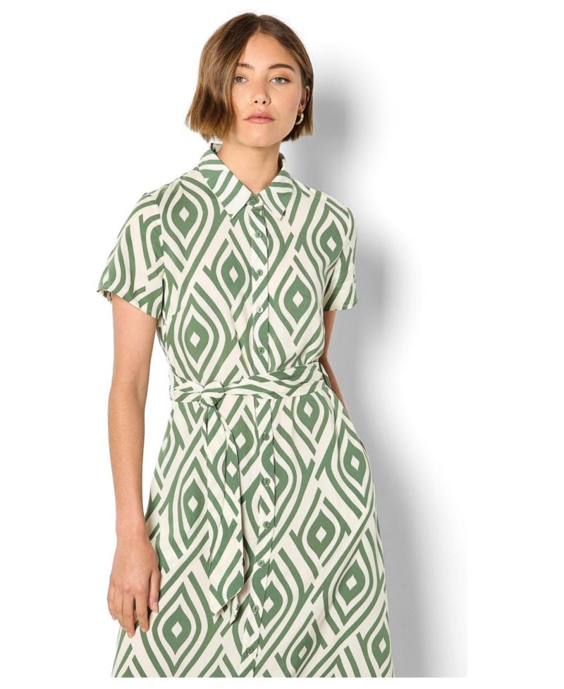 Women's Short-Sleeve Geometric-Print Midi Shirt Dress