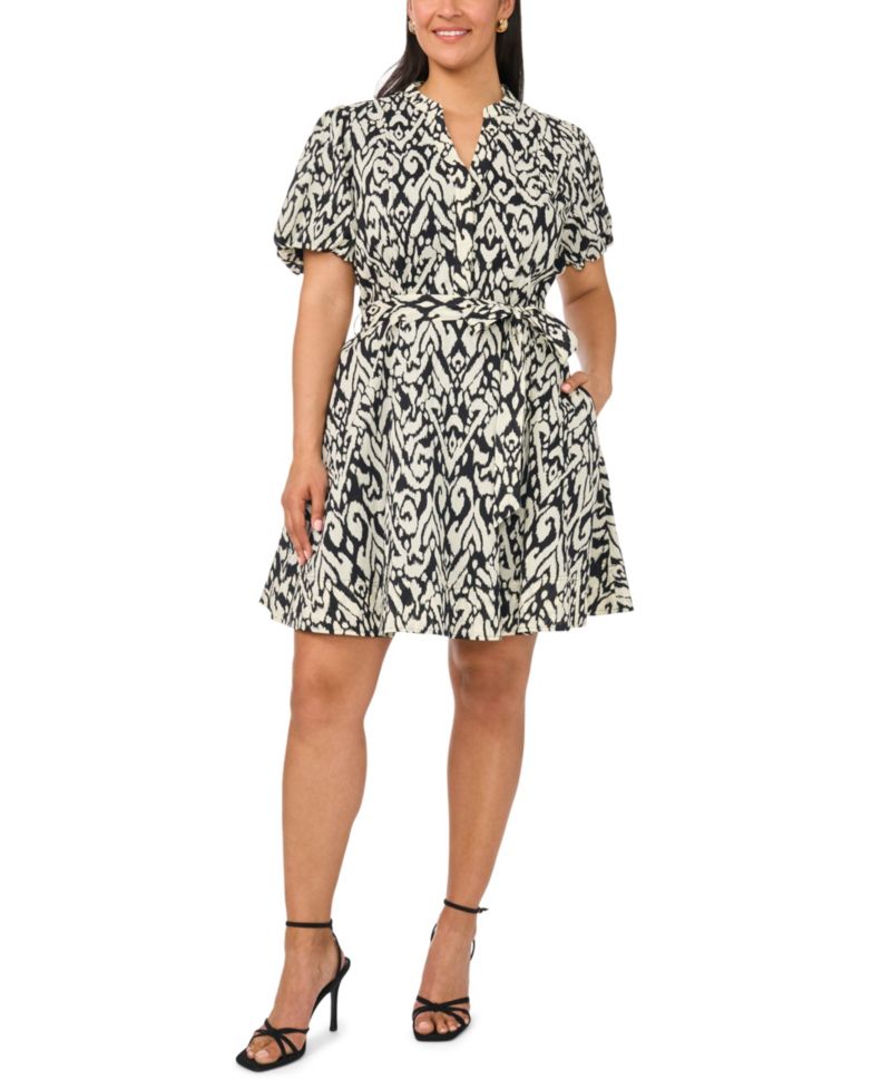 Plus Size Puff-Sleeve Belted Mini Dress