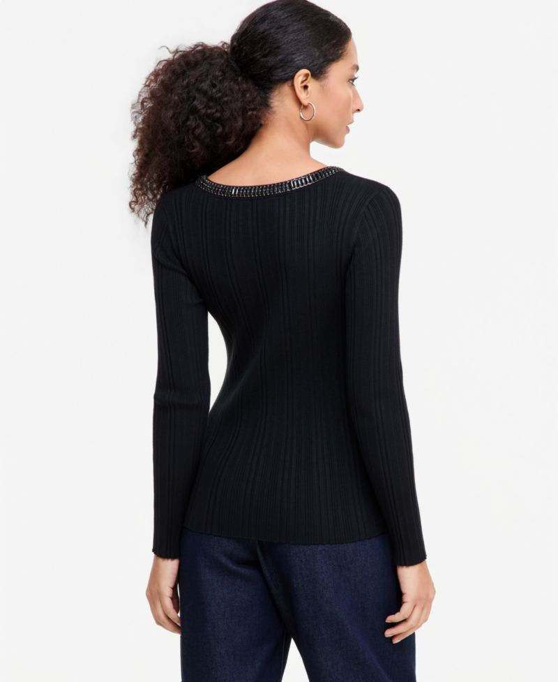 Women's Embellished Scoop Neck Ribbed Sweater