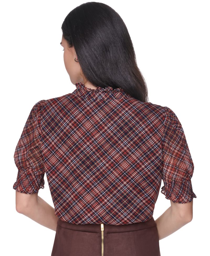 Women's Mock-Neck Short-Sleeve Plaid Blouse