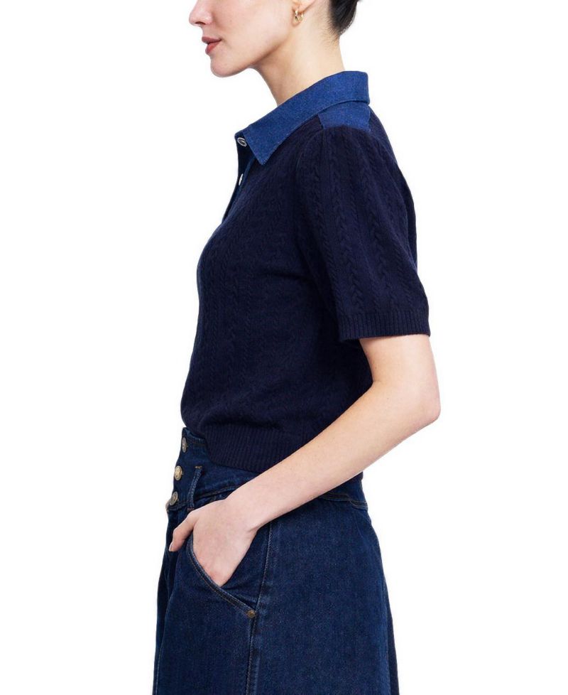 Women's Nash Cable-Knit Puff-Sleeve Denim-Collar Polo Shirt