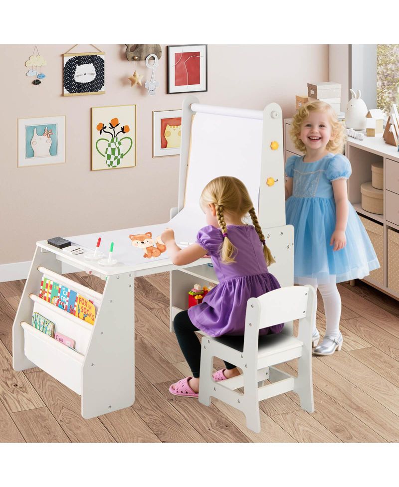 Kids Art Table and Chair Set with Easel Whiteboard Chalkboard Paper