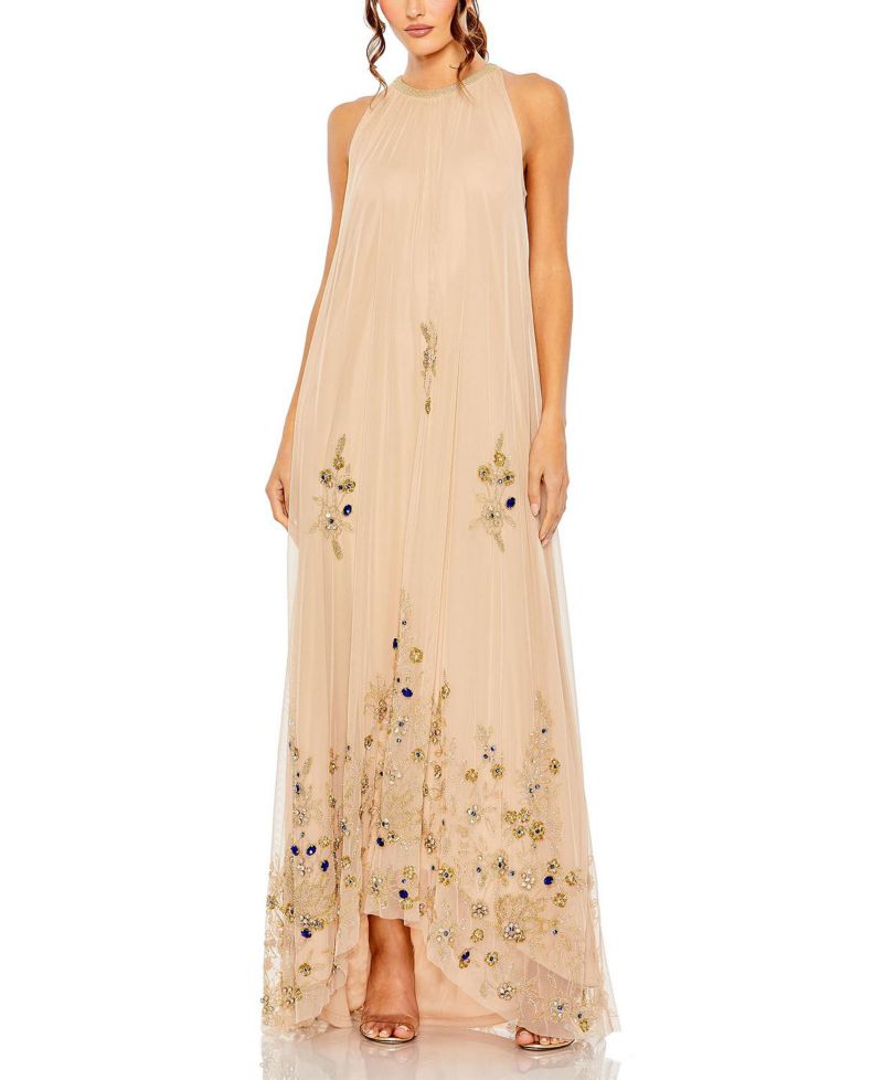 Women's High Neck Floral Embellished Trapeze Gown