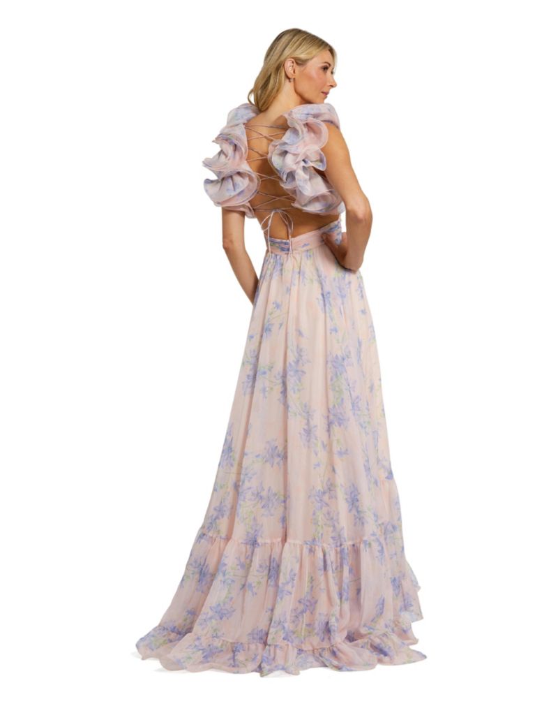 Women's Ruffle Tiered Floral Cut-Out Chiffon Gown