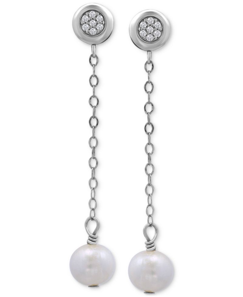 Cultured Freshwater Pearl (7mm) & Cubic Zirconia Chain Drop Earrings in 18k Gold-Plated Sterling Silver