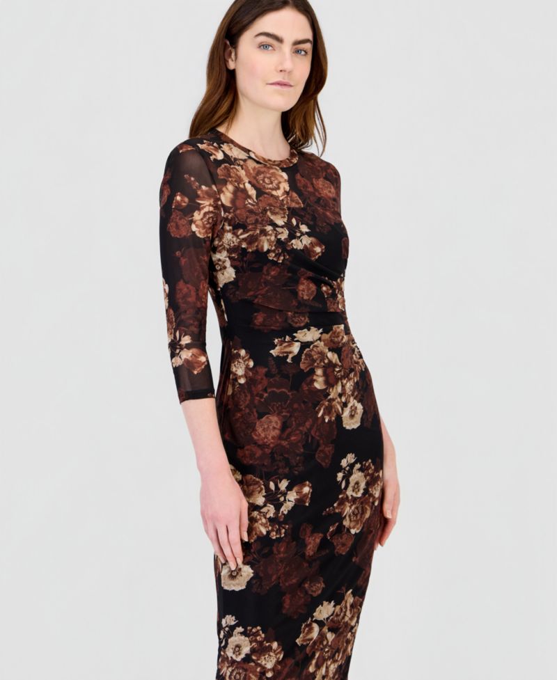 Women's Floral-Print Mesh Side-Ruched Midi Dress