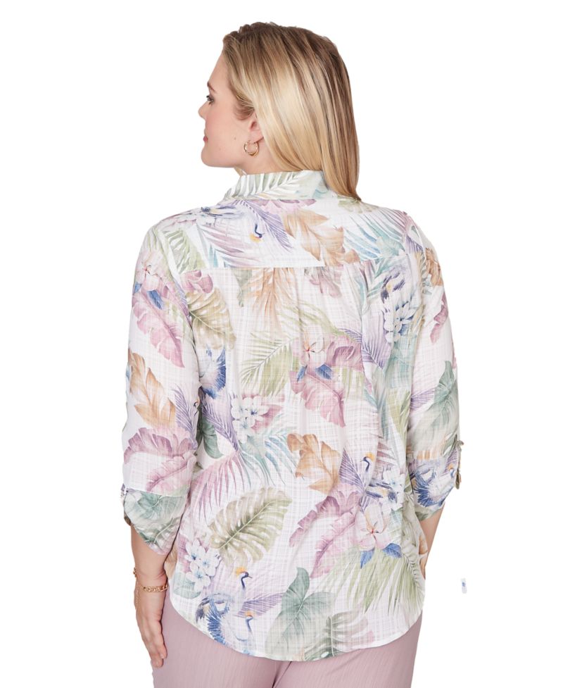 Petite Vintage-Inspired Charm Tropical Button-Front Tie-Sleeve Top