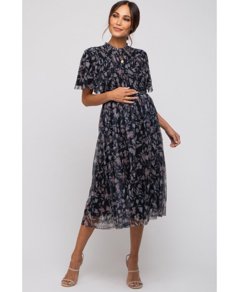Women's Black Floral Smocked Mesh Knit Midi Dress