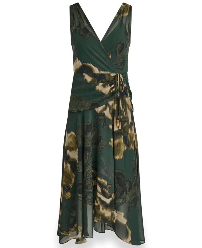 Women's Sleeveless Printed Chiffon Surplice Neck Dress