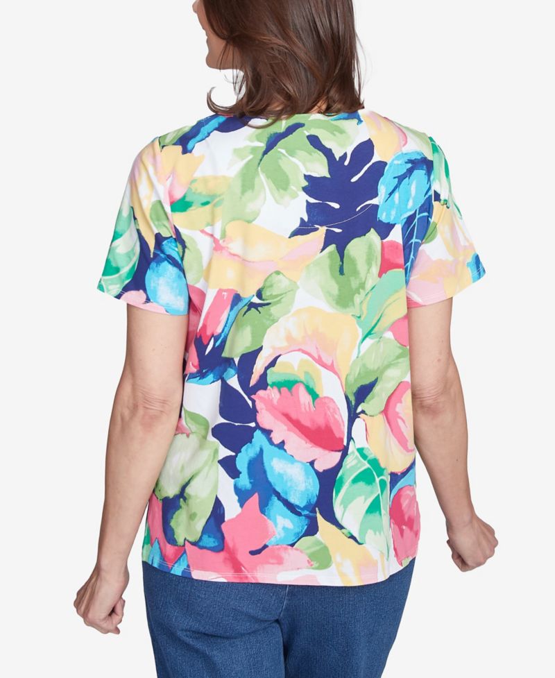Petite Tropical Leaf Split Beaded Neck Top