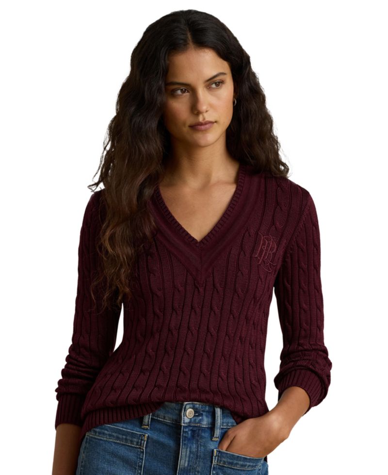 Petite Long-Sleeve V-Neck Cable Knit Sweater