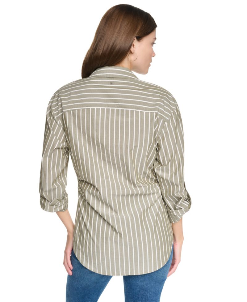 Petite Ruched Striped 3/4-Sleeve Poplin Shirt