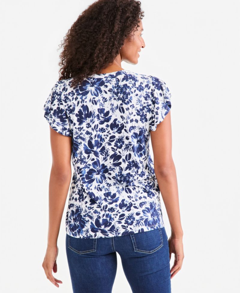 Women's Printed V-Neck Flutter-Sleeve Knit