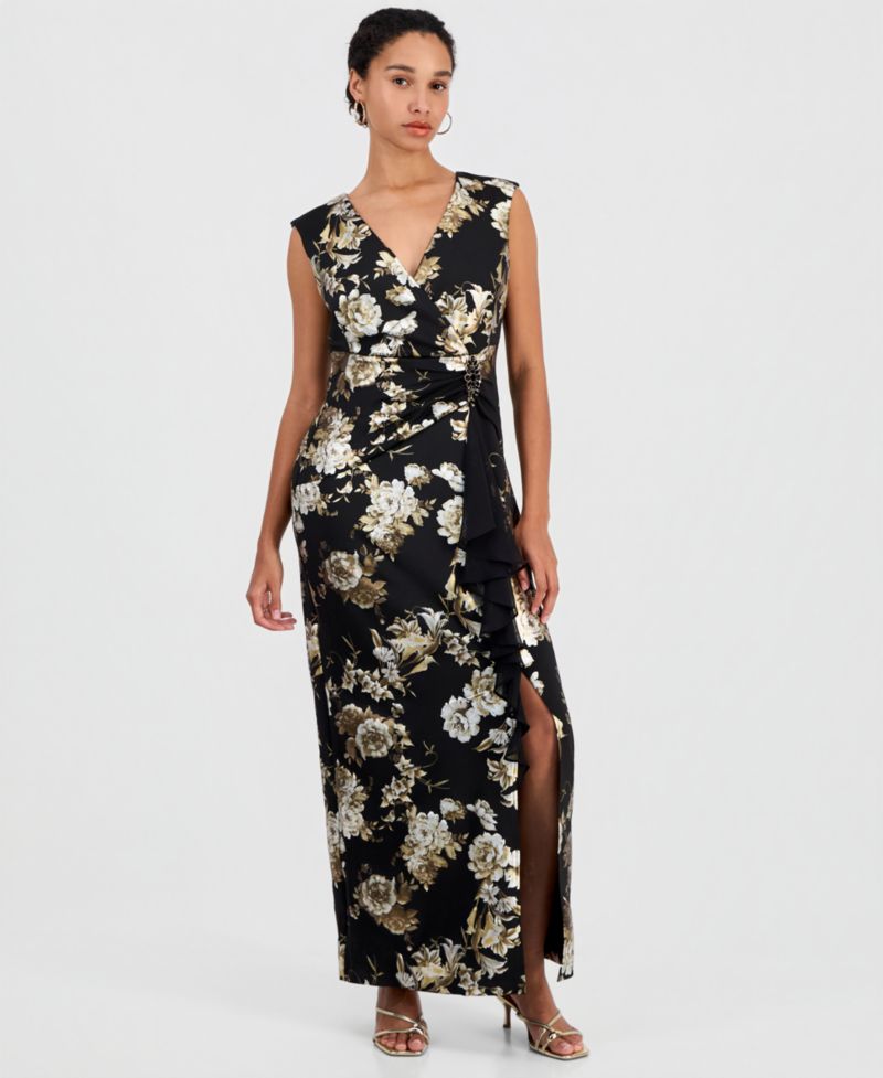 Women's Floral-Print Ruffle V-Neck Dress