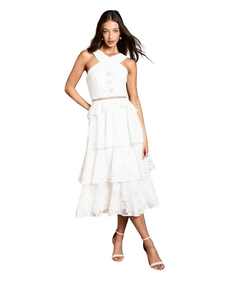 Women's Tiered Lace Halter Neck Midi Dress